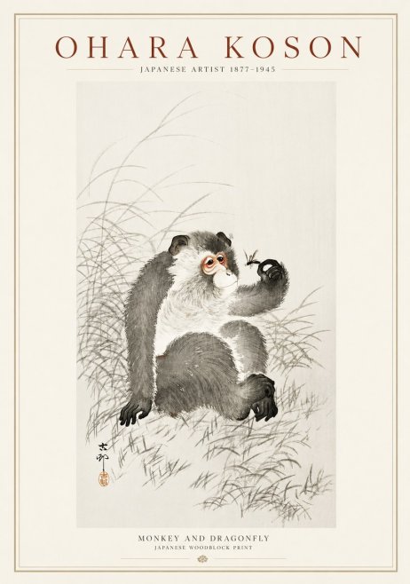 Ohara Koson Monkey and Dragonfly No1 - Affiche