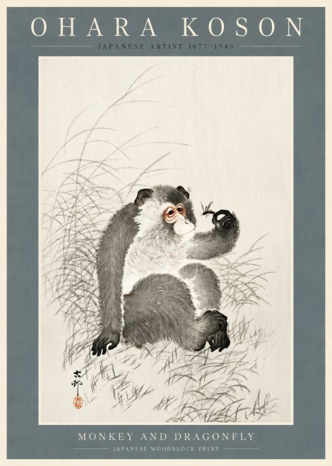 Ohara Koson Monkey and Dragonfly No2 - Affiche