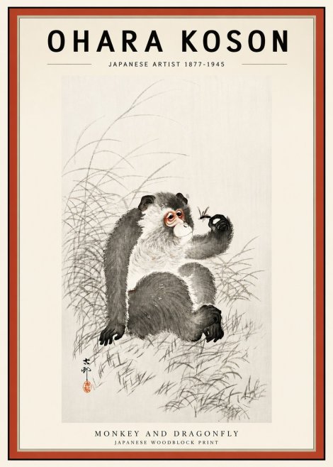 Ohara Koson Monkey and Dragonfly No3 - Affiche