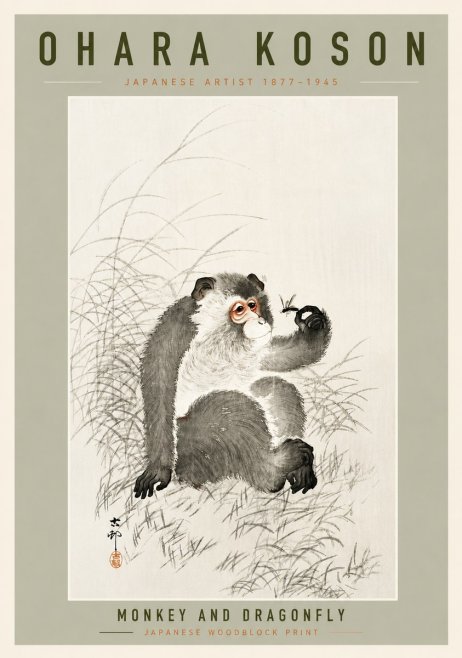 Ohara Koson Monkey and Dragonfly No4 - Affiche