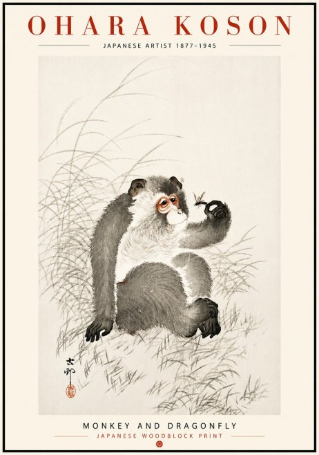 Ohara Koson Monkey and Dragonfly No6 - Affiche