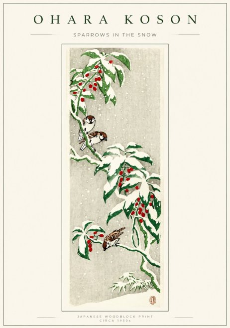 Ohara Koson Sparrows in the Snow No1 - Affiche