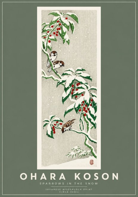 Ohara Koson Sparrows in the Snow No2 - Affiche