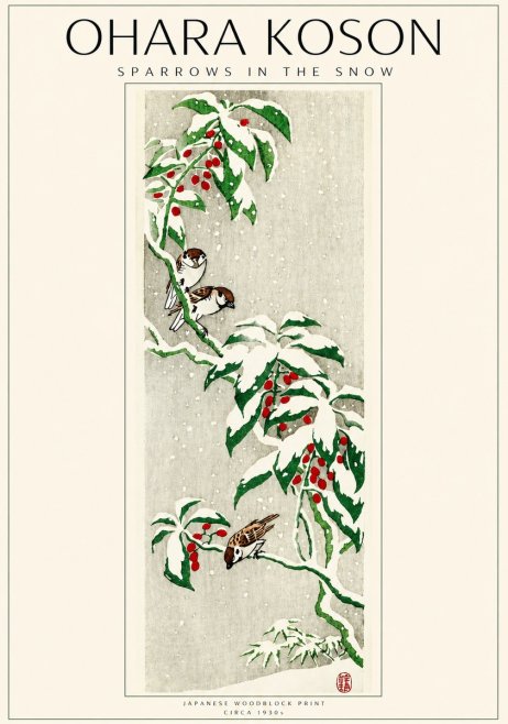 Ohara Koson Sparrows in the Snow No3 - Affiche