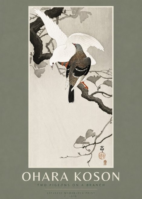 Ohara Koson Two Pigeons on a Branch No2 - Affiche