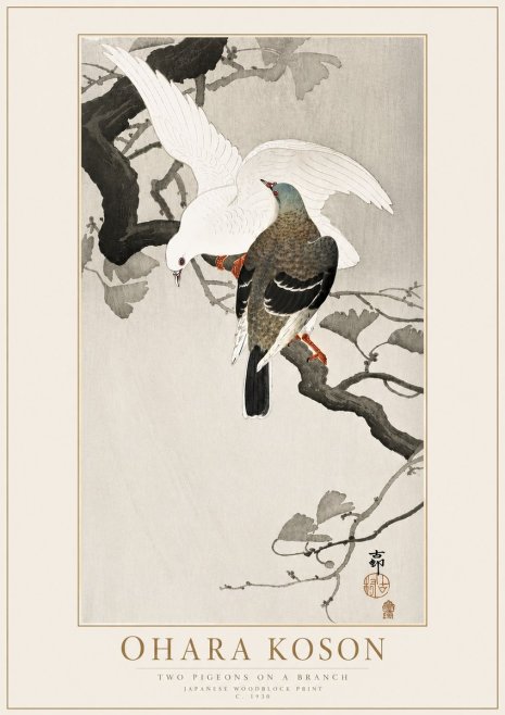 Ohara Koson Two Pigeons on a Branch No4 - Affiche
