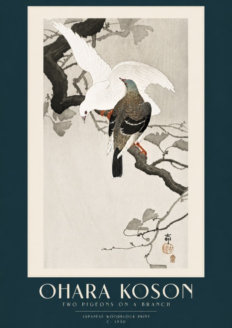 Ohara Koson Two Pigeons on a Branch No5 - Affiche