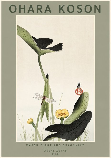 Ohara Koson Marsh Plant and Dragonfly No4 - Affiche