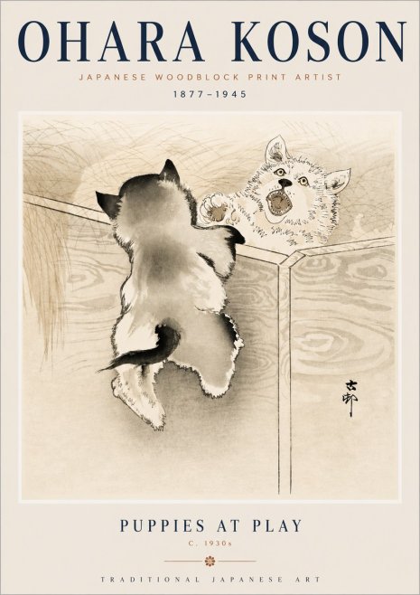 Ohara Koson Puppies at Play No3 - Affiche