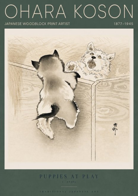 Ohara Koson Puppies at Play No4 - Affiche