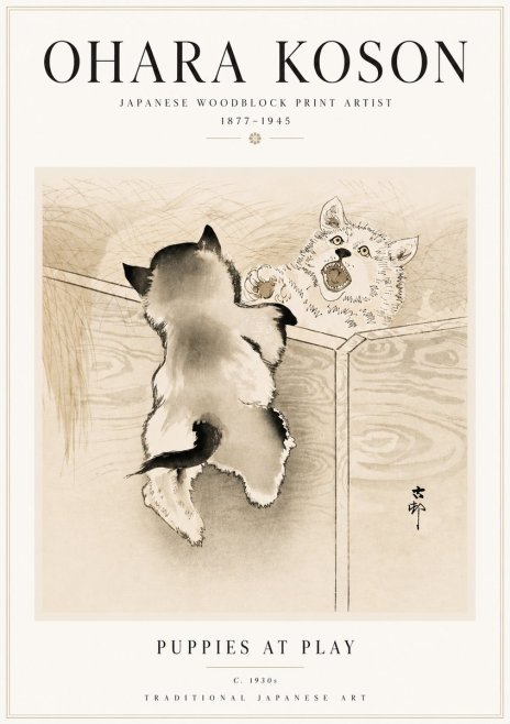 Ohara Koson Puppies at Play No5 - Affiche