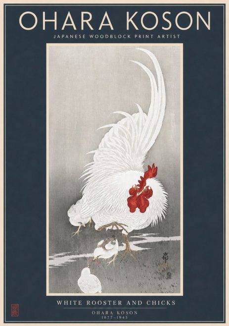Ohara Koson White Rooster and Chicks No2 - Affiche