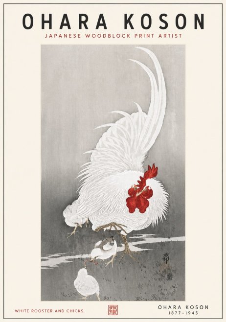 Ohara Koson White Rooster and Chicks No6 - Affiche