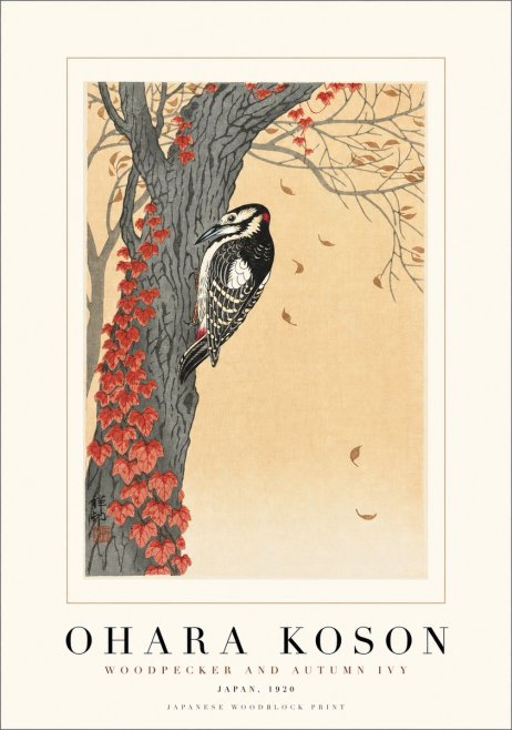 Ohara Koson Woodpecker and Autumn Ivy No1 - Affiche