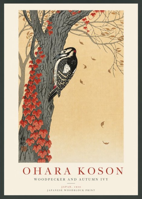 Ohara Koson Woodpecker and Autumn Ivy No3 - Affiche