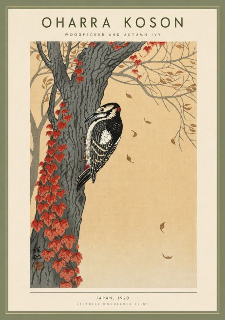Ohara Koson Woodpecker and Autumn Ivy No4 - Affiche