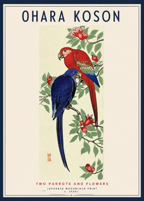 Ohara Koson Two Parrots and Flowers No3 - Affiche