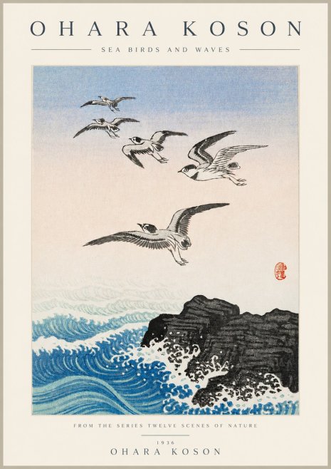 Ohara Koson Sea Birds and Waves No3 - Affiche