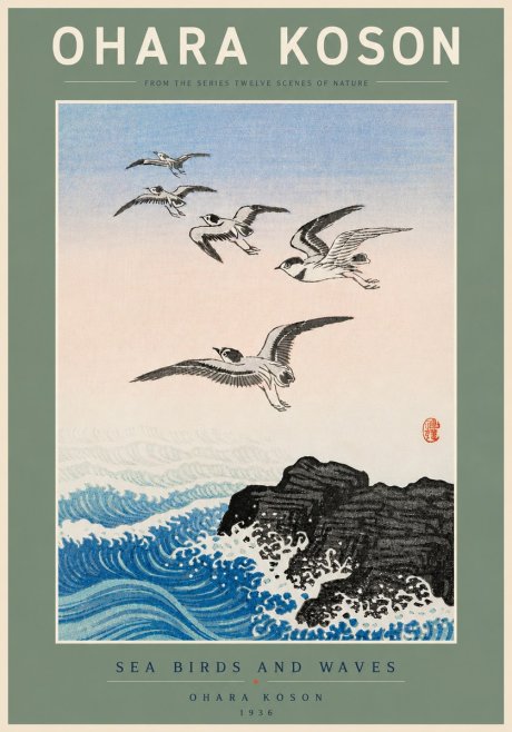 Ohara Koson Sea Birds and Waves No5 - Affiche