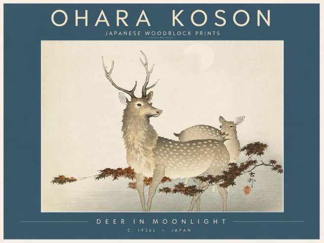 Ohara Koson Deer in Moonlight No2 - Affiche