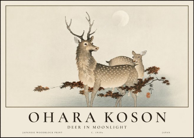 Ohara Koson Deer in Moonlight No3 - Affiche