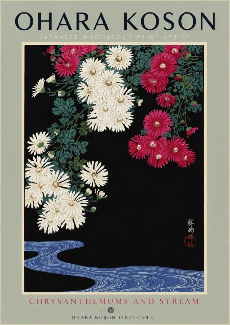 Ohara Koson Chrysanthemums and Stream No4 - Affiche