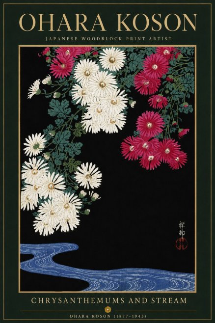 Ohara Koson Chrysanthemums and Stream No6 - Affiche
