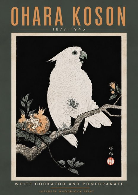 Ohara Koson White Cockatoo and Pomegranate II No5 - Affiche