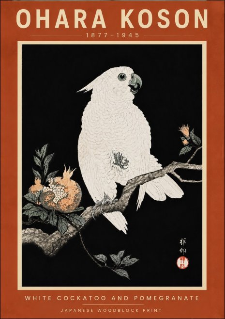 Ohara Koson White Cockatoo and Pomegranate II No6 - Affiche