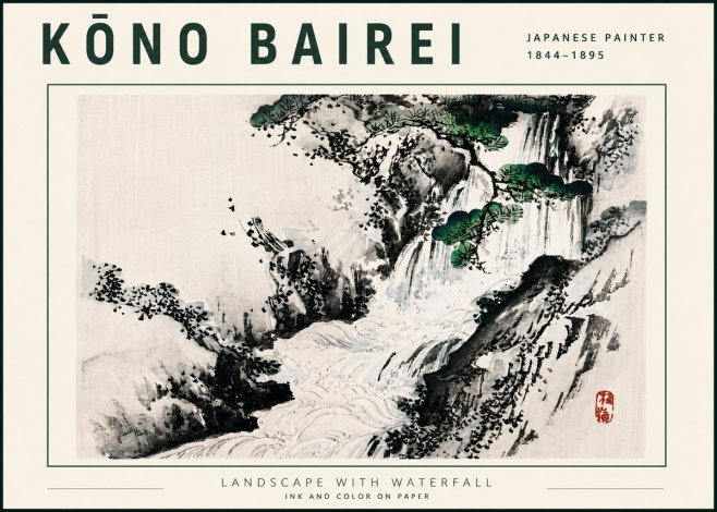 Kōno Bairei Landscape with Waterfall No5 - Affiche