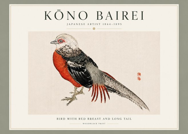 Kōno Bairei Bird with Red Breast and Long Tail No3 - Affiche