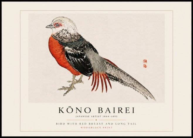 Kōno Bairei Bird with Red Breast and Long Tail No5 - Affiche