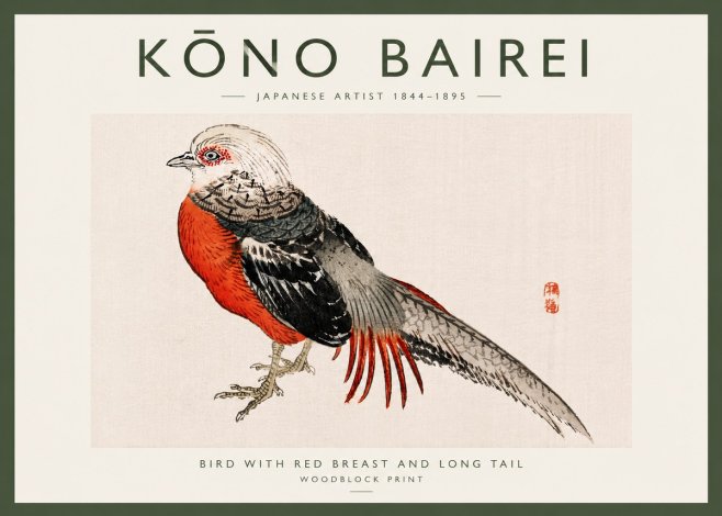 Kōno Bairei Bird with Red Breast and Long Tail No6 - Affiche