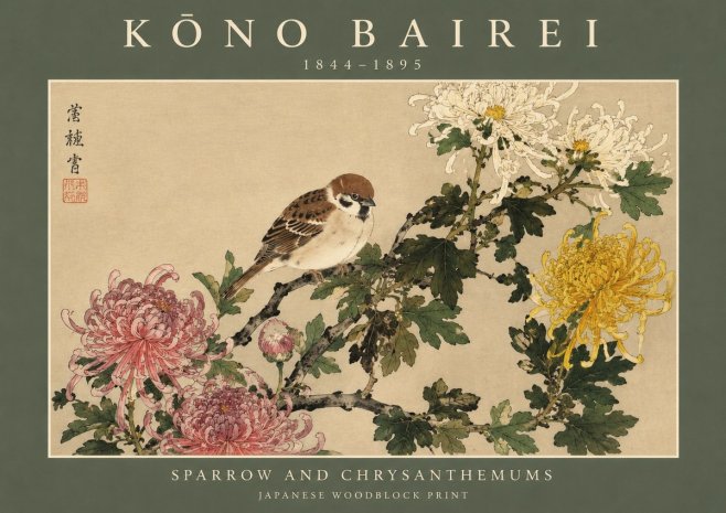 Kōno Bairei Sparrow and Chrysanthemums No2 - Affiche