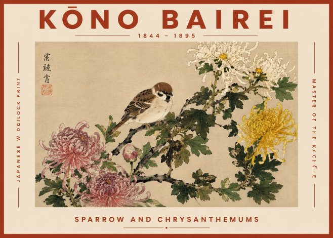 Kōno Bairei Sparrow and Chrysanthemums No6 - Affiche