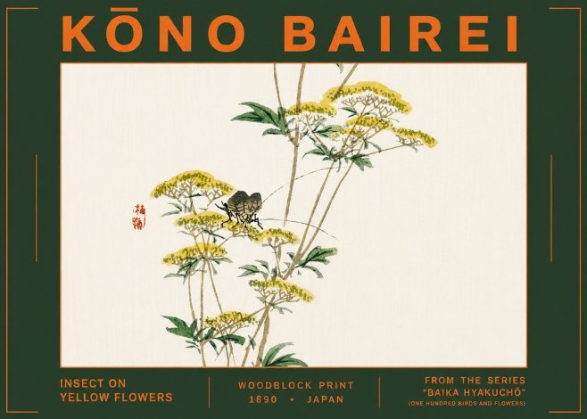 Kōno Bairei Insect on Yellow Flowers No6 - Affiche