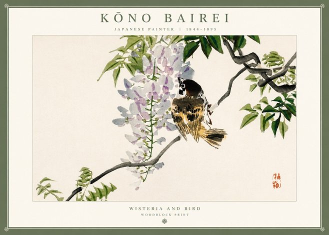 Kōno Bairei Wisteria and Bird No1 - Affiche