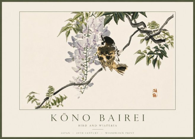Kōno Bairei Wisteria and Bird No5 - Affiche