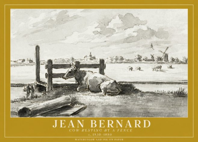 Jean Bernard Cow Resting by a Fence No1 - Affiche