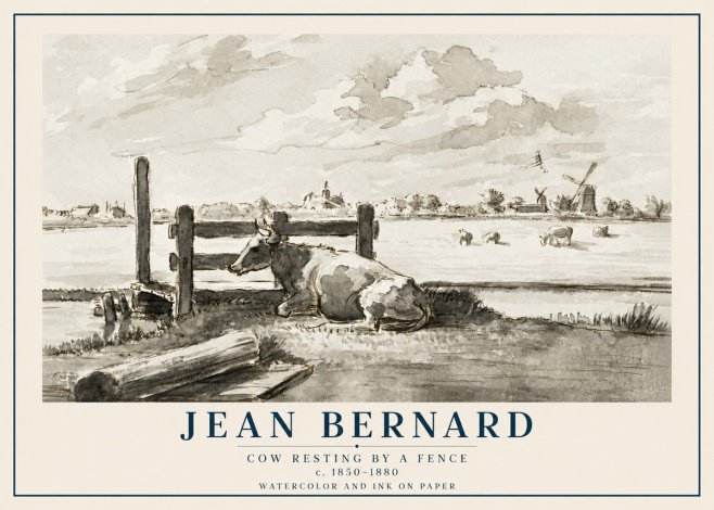 Jean Bernard Cow Resting by a Fence No2 - Affiche