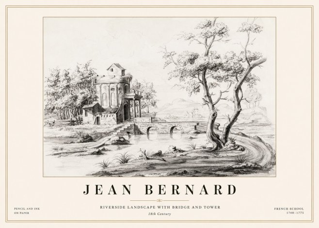 Jean Bernard Riverside Landscape with Bridge and Tower No1 - Affiche