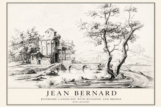 Jean Bernard Riverside Landscape with Bridge and Tower No4 - Affiche