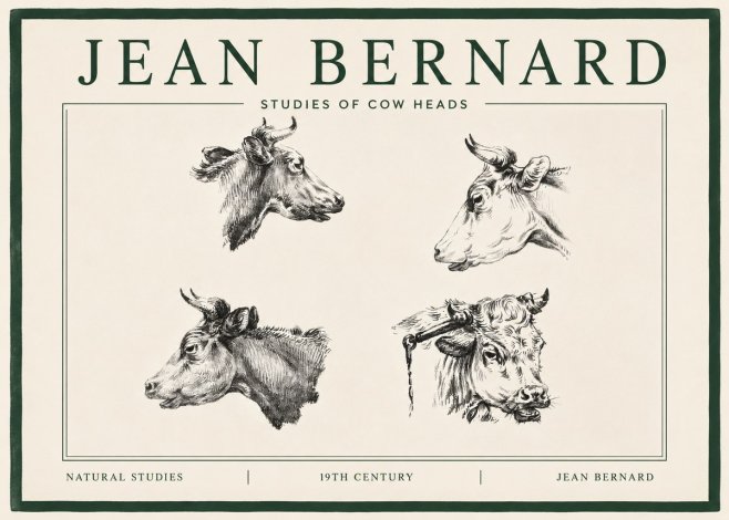 Jean Bernard Studies of Cattle - Four Heads No4 - Affiche
