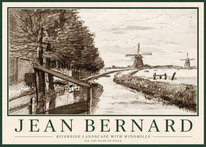 Jean Bernard Riverside Landscape with Windmills No1 - Affiche