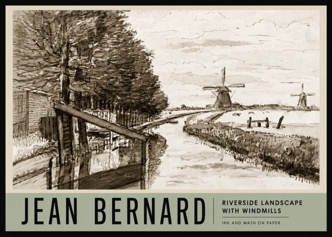 Jean Bernard Riverside Landscape with Windmills No3 - Affiche