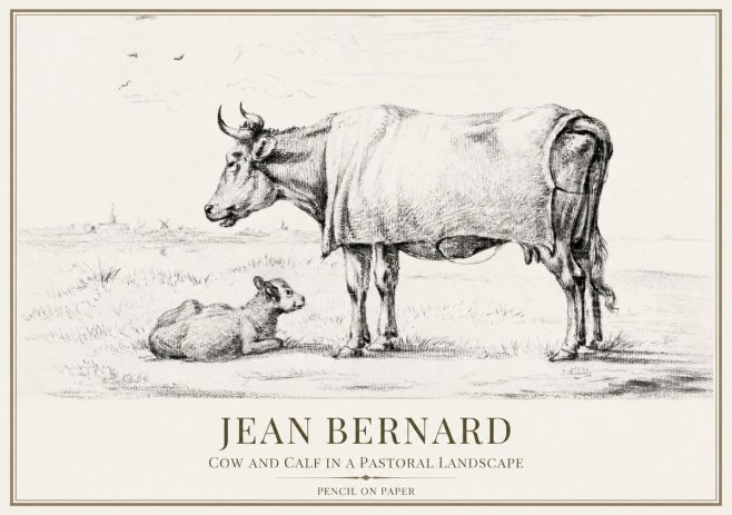 Jean Bernard Cow and Calf in a Pastoral Landscape No1 - Affiche