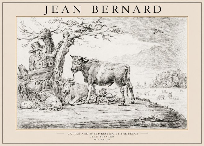 Jean Bernard Cattle and Sheep Resting by the Fence No1 - Affiche