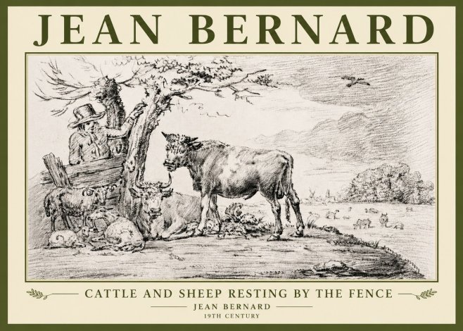 Jean Bernard Cattle and Sheep Resting by the Fence No5 - Affiche