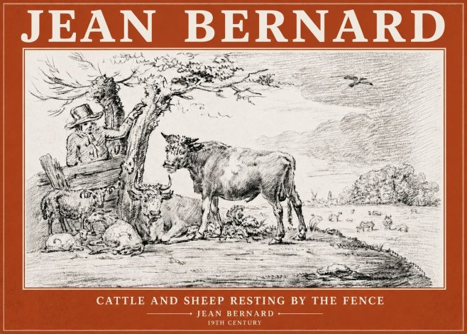 Jean Bernard Cattle and Sheep Resting by the Fence No6 - Affiche
