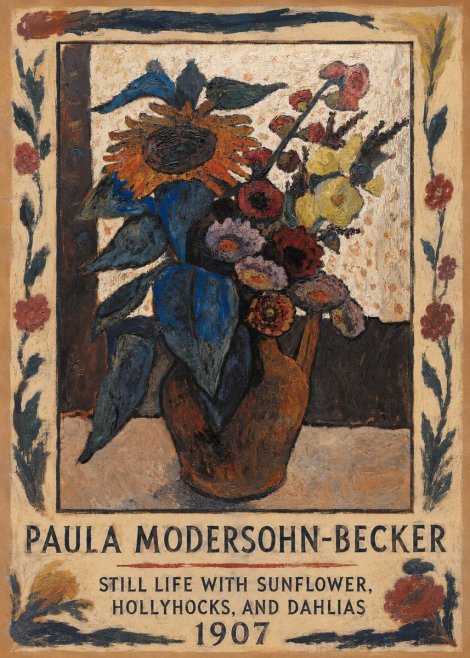 Paula Modersohn-Becker Still Life with Sunflower, Hollyhocks, and Dahlias No1 - Affiche